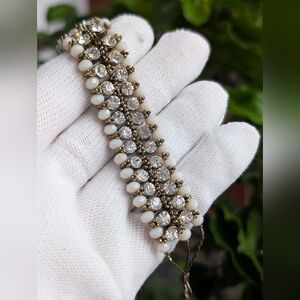 Vintage-Style Rhinestone & Milk Glass Bracelet Antique Brass Tone
